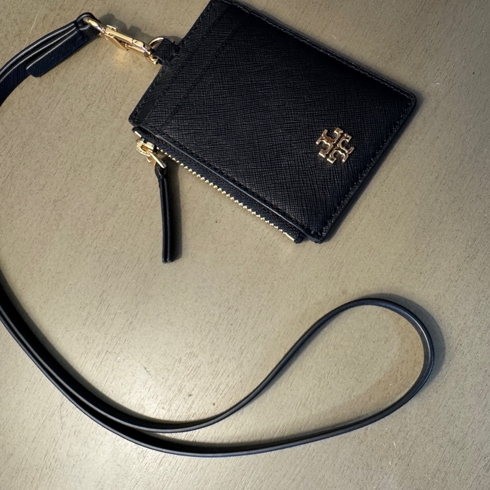 Tory Burch Black Saffiano Leather Card Case Lanyard